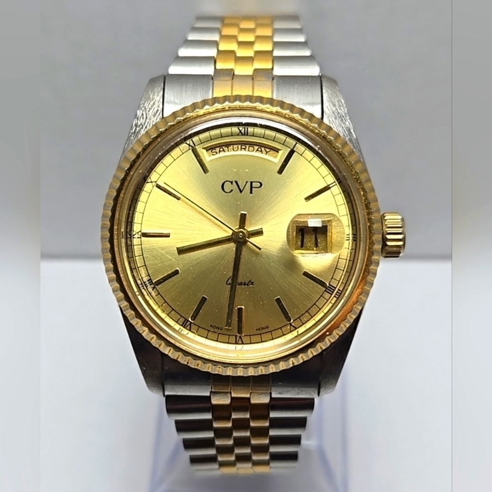 CVP Presidential Quartz Watch Men Two Tone Fluted Bezel Day Date New Battery